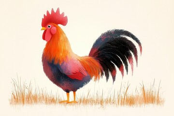 Rooster Illustration in Grass Field