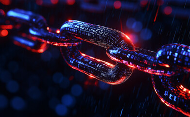 A digital representation of a blockchain with glowing links and binary code, symbolizing technology and security.