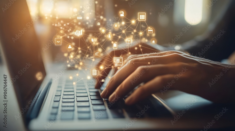 Poster hands typing on laptop with digital network overlay