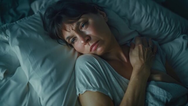 A woman hugging her stomach in bed Suffering from severe abdominal pain, an unhappy middle aged woman stomach discomfort diarrhea and food poisoning