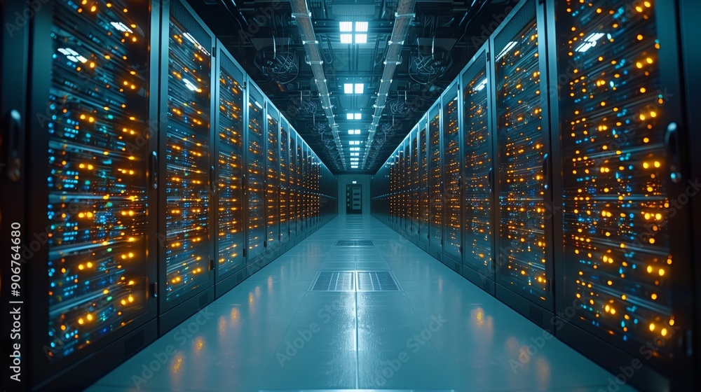 Poster rows of servers glow with blue and orange lights in a high-tech data center, showcasing advanced tec