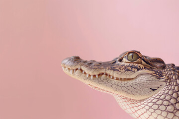 Obraz premium Beautiful crocodile close-up. funny photo. Cute animal image in minimalist style on a pink background.