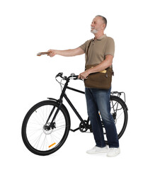 Obraz premium Happy postman with bicycle delivering letters on white background