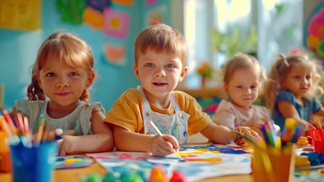 Children and friends paint with their own creativity in colorful colors in kindergarten class in school. Children paint water or crayons on drawing paper