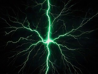 Green lightning on black background, lighting bolt on solid dark night wallpaper, graphical design