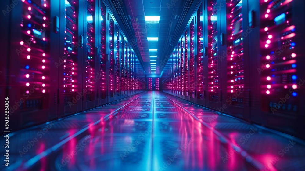 Poster the server room features rows of illuminated servers with colorful led lights creating a vibrant atm
