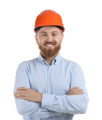 Engineer in hard hat on white background