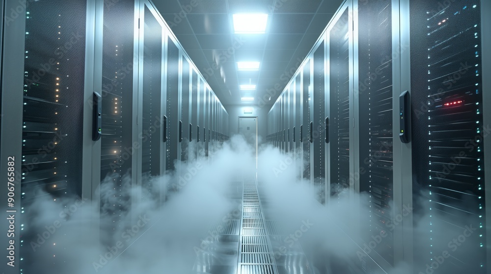 Poster a modern data center features rows of servers surrounded by mist, showcasing advanced technology and
