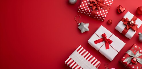 Fototapeta premium Festive Wrapped Gifts With Ornaments Decorated on Red Background