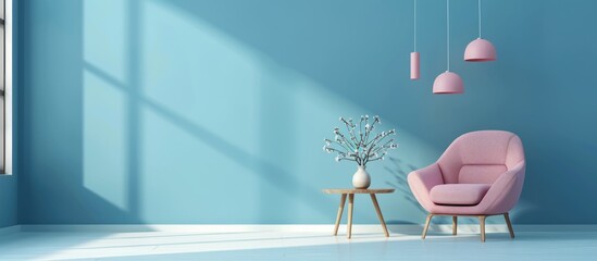 Blue Room Interior Design with Pink Armchair and Blooming Branches