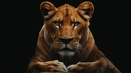 Fototapeta premium A lion is staring at the camera with a dark background