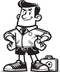 A man Standing funny comic Cartoon character black and white line art silhouette on white background