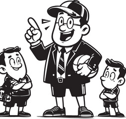 A man Standing funny comic Cartoon character black and white line art silhouette on white background