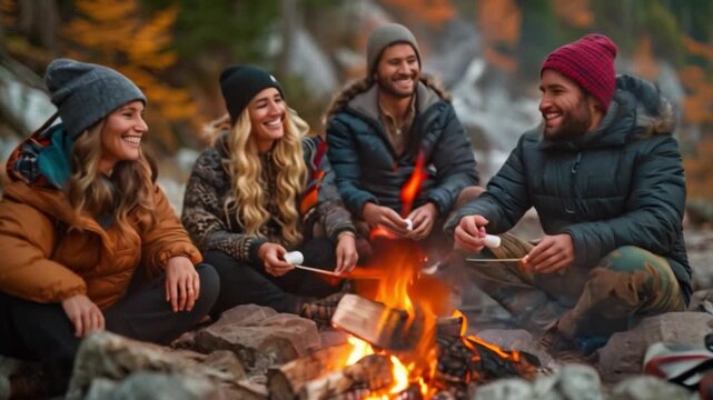 A group of bearded hikers sits around a campfire in an autumn forest, laughing and telling stories. Bearded hikers gather around the fire in the autumn forest beneath the tent