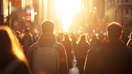 Silhouetted Man Walking Towards Sunlight in a Crowded City Street