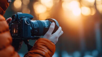 A left-handed person operating a camera with their left hand, adjusting settings. The camera is held close to the body with a blurred background to emphasize the left hand and the action, providing