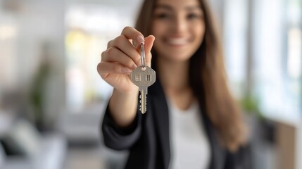 Woman holding a house-shaped key with a blurred background
