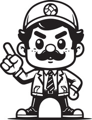 A man Standing funny comic Cartoon character black and white line art silhouette on white background