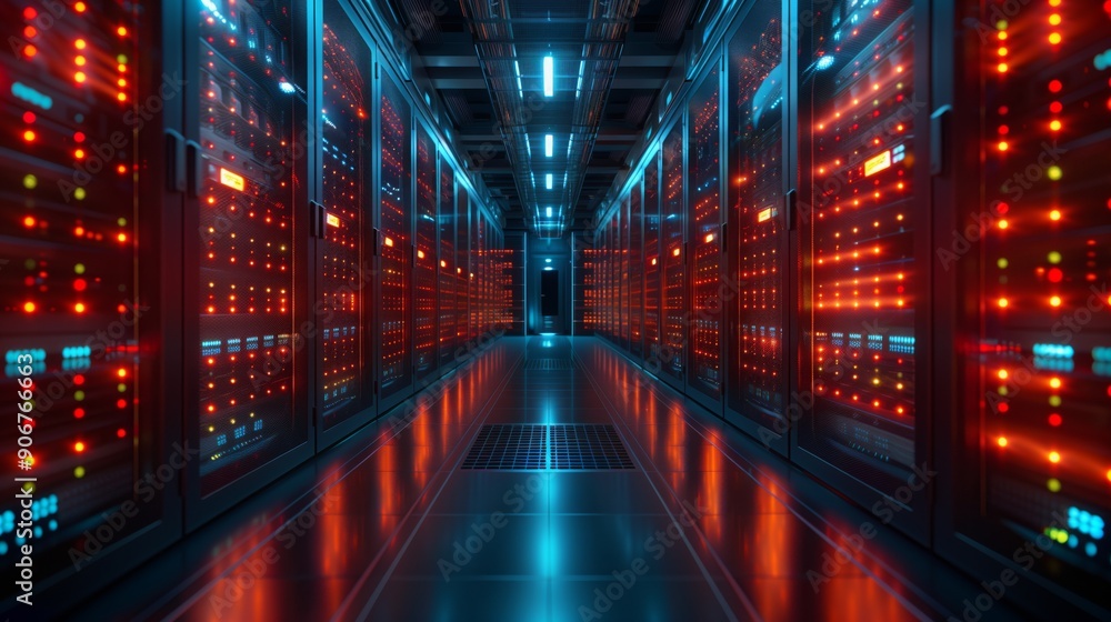 Poster a vibrant data center corridor showcases rows of illuminated server racks during the night.
