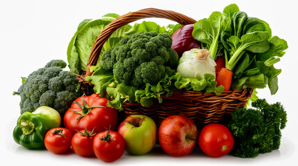 A basket of fresh vegetables and fruits: tomatoes, cabbages, apples, and lettuce.
