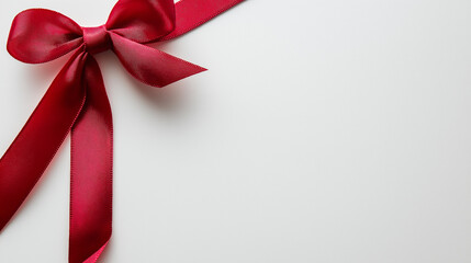 A neatly wrapped gift with a red ribbon bow on a plain white background, emphasizing elegance and simplicity.