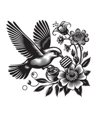 A bird in flight eating honey from a flower vector style, black and white color
