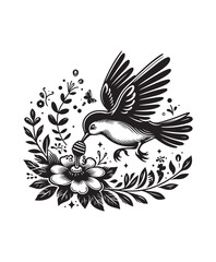 A bird in flight eating honey from a flower vector style, black and white color