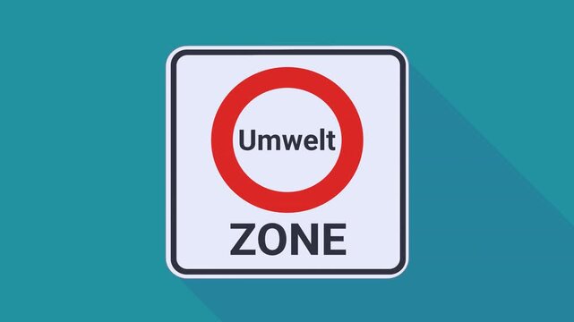 Appearance from the bottom of a road sign indicating the start of an environmental zone  ("Umwelt" in German) on a blue background with a long shadow (flat design)