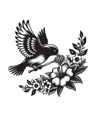 A bird in flight eating honey from a flower vector style, black and white color