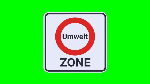 Appearance from the bottom of a road sign indicating the start of an environmental zone  ("Umwelt" in German) on green screen with alpha channel (flat design)
