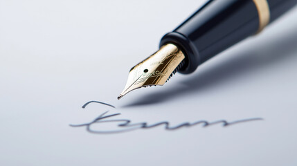 Fototapeta premium A close-up image of a fountain pen writing on a piece of paper, highlighting elegant handwriting and calligraphy.