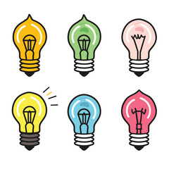 Six colorful light bulbs cartoon style, featuring yellow, green, pink, light yellow, blue, red colors, bulb illustrates different filament design, perfect creative concepts. Set bright idea symbols