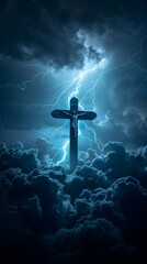 Naklejka premium Cross Silhouetted Against Dramatic Storm Clouds and Lightning
