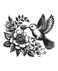 A bird in flight eating honey from a flower vector style, black and white color