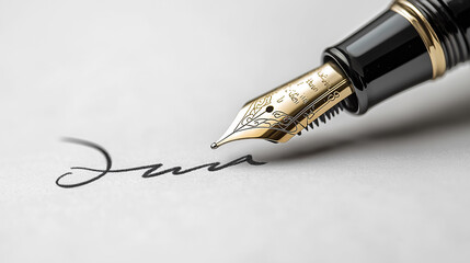 Fototapeta premium A close-up image of a fountain pen writing on a piece of paper, highlighting elegant handwriting and calligraphy.
