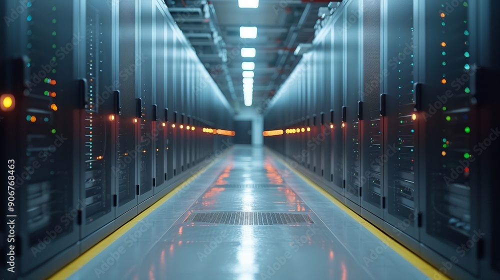 Poster rows of servers in a sleek data center emit a soft glow, highlighting the technology that powers dig
