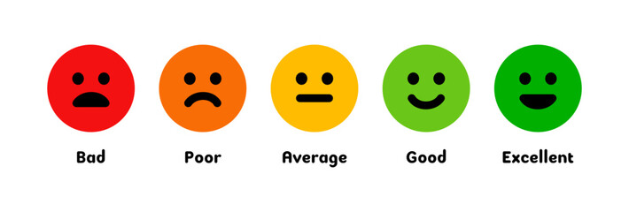 Bad, poor, average, good, excellent smile rating. Emotion levels on scale different faces icon. Satisfaction, pain feedback with emoticon concept. Colorful vector smile rating illustration.