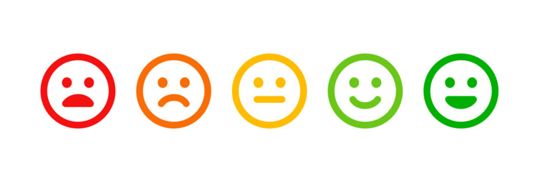 Sad, neutral, satisfied, happy emoji set. Emotion levels on scale different faces icon. Satisfaction, pain feedback with emoticon concept. Colorful vector smile rating illustration.