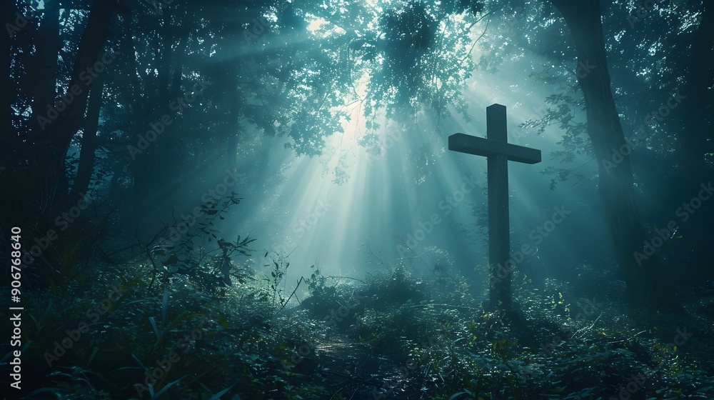 Canvas Prints Illuminated Cross in a Mysterious Forest Landscape with Sunbeams