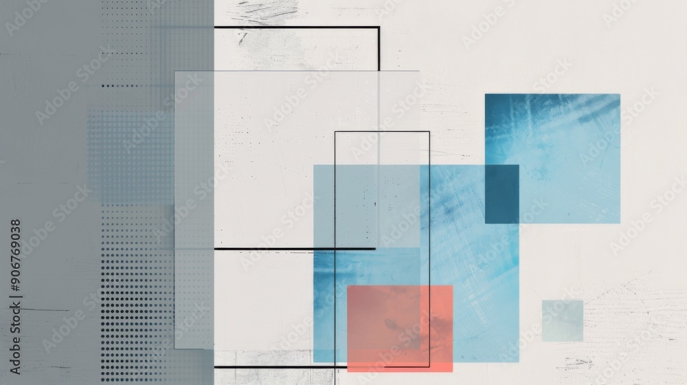 Aufkleber minimalist design with light grey background and three blue squares of different sizes in the bottom