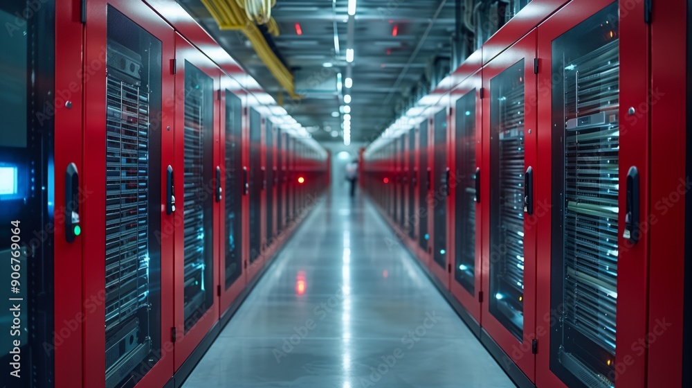 Poster a corridor lined with red server racks showcases an advanced data center's intricate design and tech