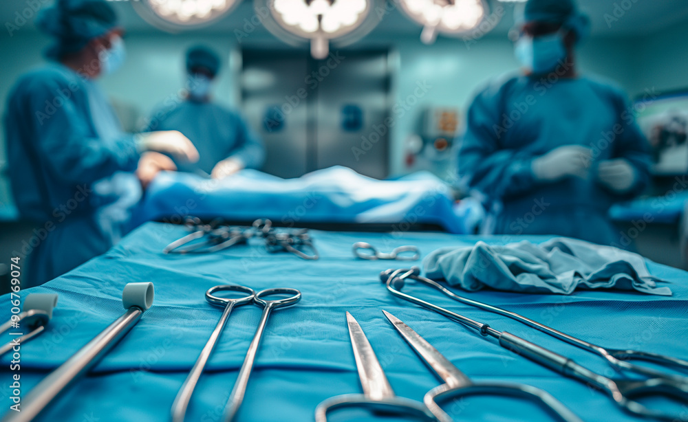 Poster surgical instruments neatly arranged on a table in an operating room, with surgeons in the backgroun