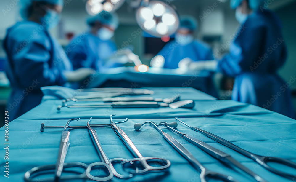Poster surgical instruments neatly arranged on a table in an operating room, with surgeons in the backgroun