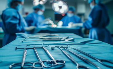 Surgical instruments neatly arranged on a table in an operating room, with surgeons in the background.