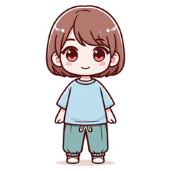 Obraz premium A cute girl with short hair wearing a t-shirt and long pants. Vector illustration of a smiling girl wearing casual clothes and standing.