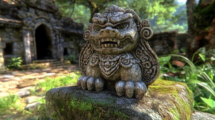 Ancient Stone Guardian in Lush Jungle Landscape