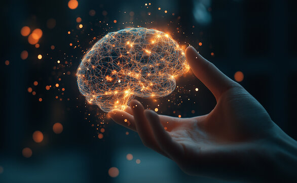 A glowing, wireframe-like brain hologram in a hand, symbolizing artificial intelligence and futuristic technology.