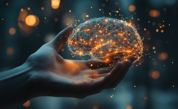 A glowing, wireframe-like brain hologram in a hand, symbolizing artificial intelligence and futuristic technology.