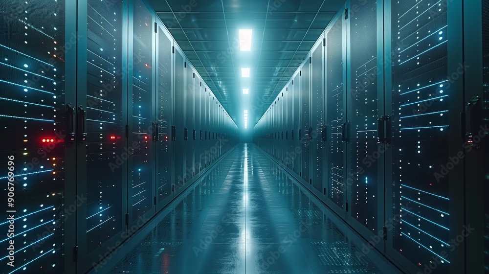 Poster rows of illuminated server racks create a futuristic hallway in a data center, showcasing advanced t
