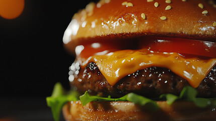 Close-up of a delicious cheeseburger with a juicy beef patty, fresh lettuce, tomato, and a sesame seed bun, capturing the essence of fast food.